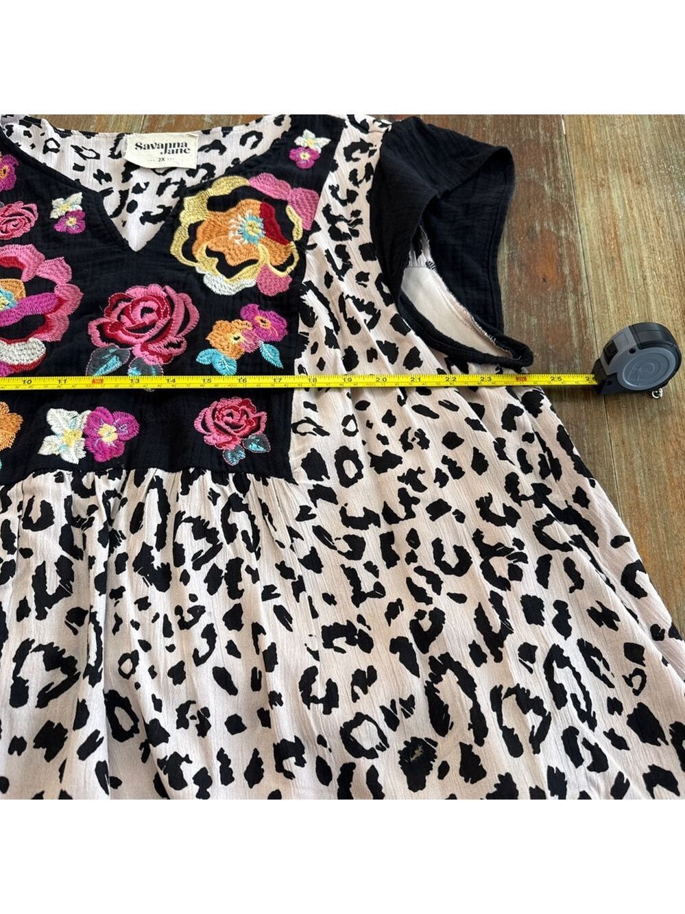 Savanna Jane Mini Dress 2X Beige Black Leopard Floral Multicolor Embroidery Boho - Picture 11 of 16